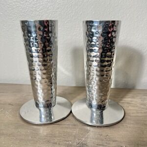 Ambria Hammered Aluminum Taper Candle Holders Pair 6" Modern Silver‎ Metal